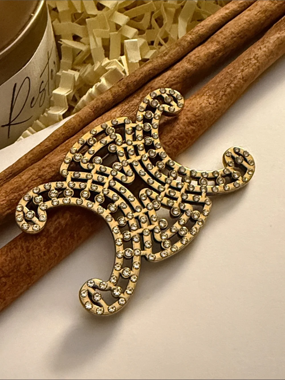 Fashion Jewelry Gold Crystal Double-Scroll Brooch